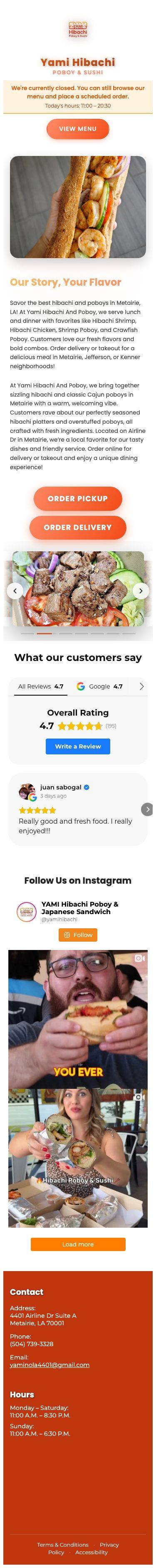 Yami Hibachi & Poboy — mobile preview